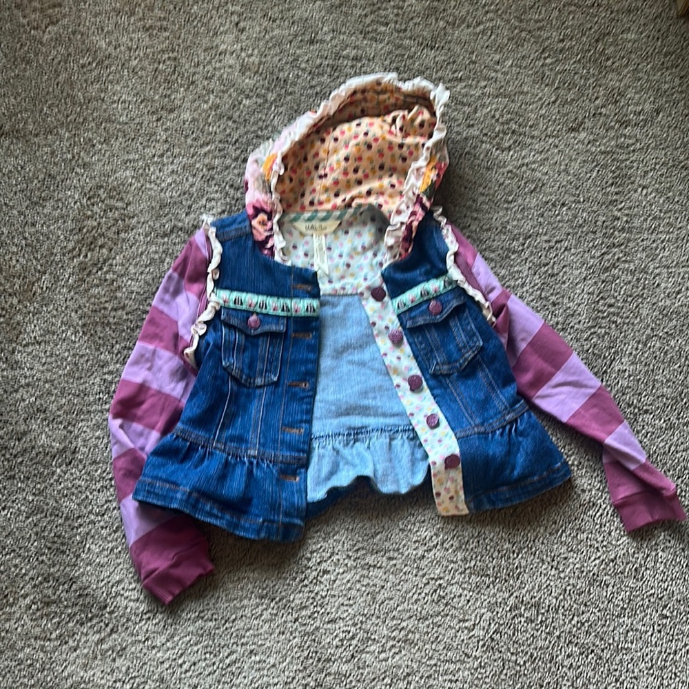 Matilda Jane Kids Denim Jacket with Pink Striped Sleeves
